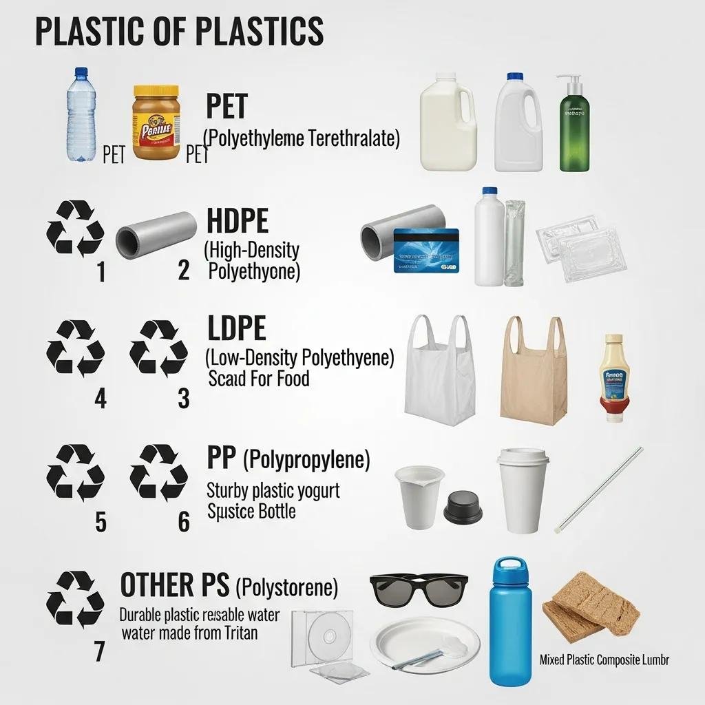 Visual representation of seven plastic types and their recycling codes