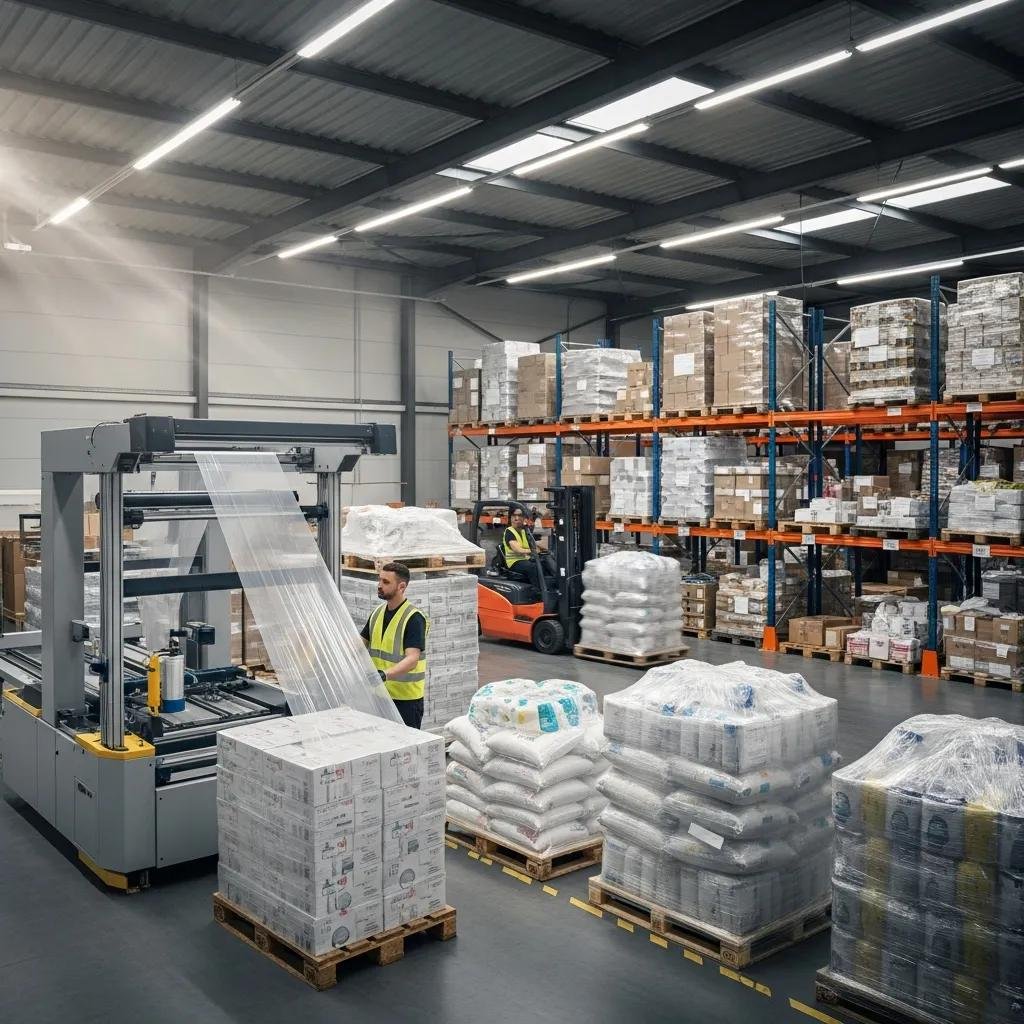 Warehouse showcasing wrapped pallets with stretch film, emphasizing product protection and operational efficiency