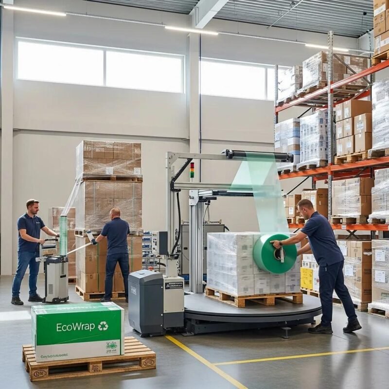 Warehouse workers using stretch film for efficient and sustainable packaging