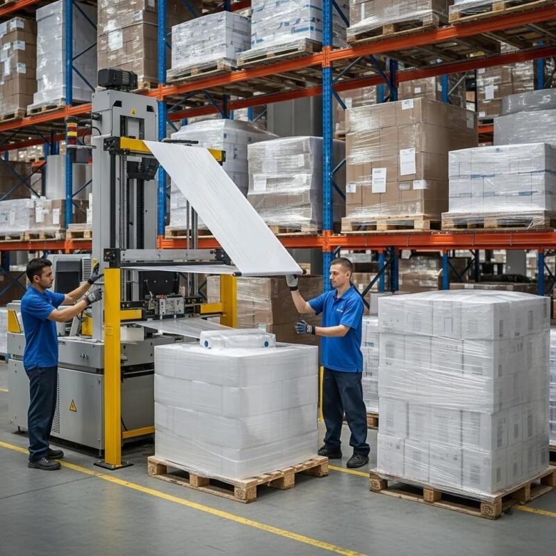 Warehouse workers using stretch film to secure pallets in a logistics setting