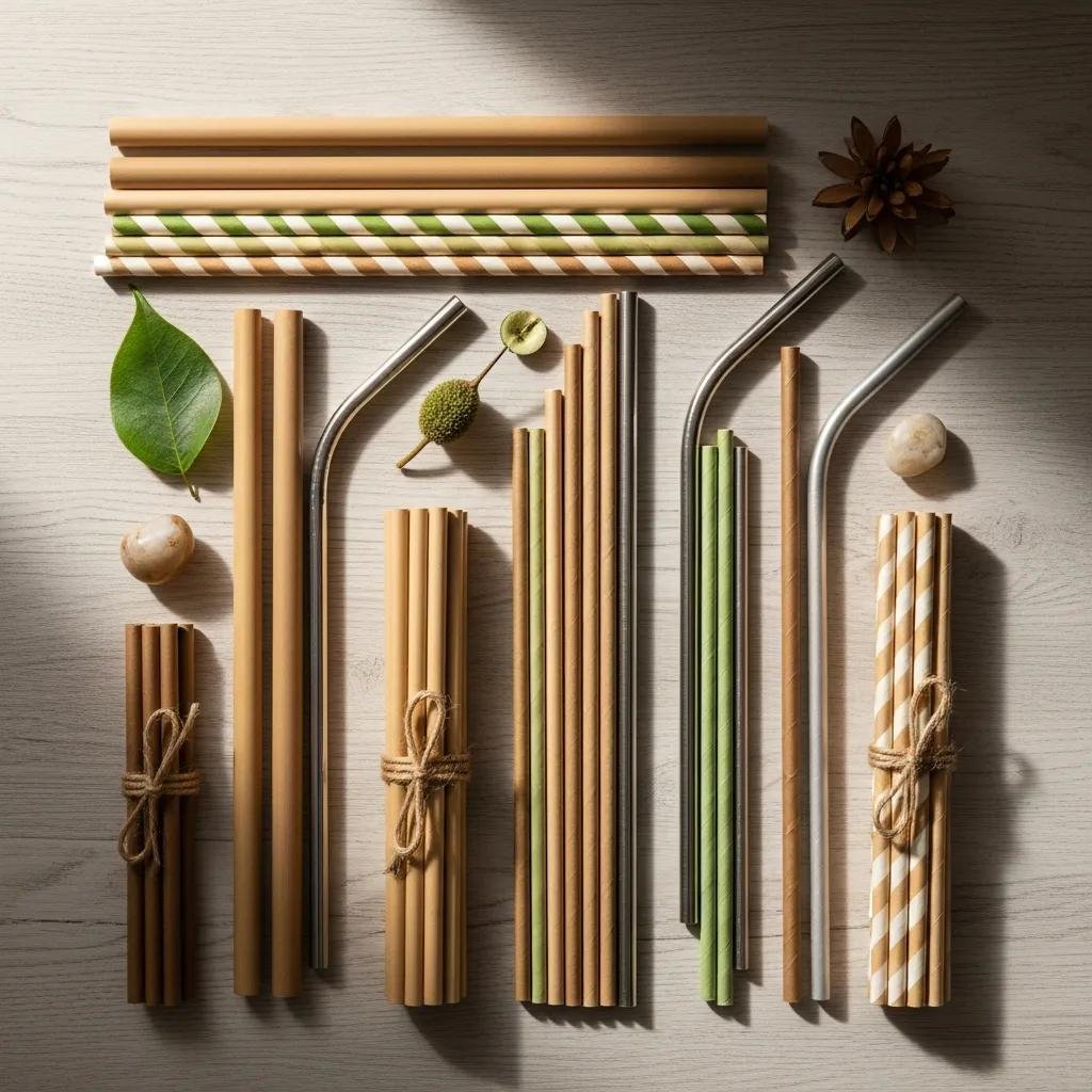Eco-friendly straw alternatives including bamboo, stainless steel, and paper