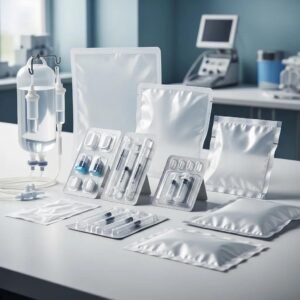 Medical plastic products including sterile bags and packaging materials in a professional setting