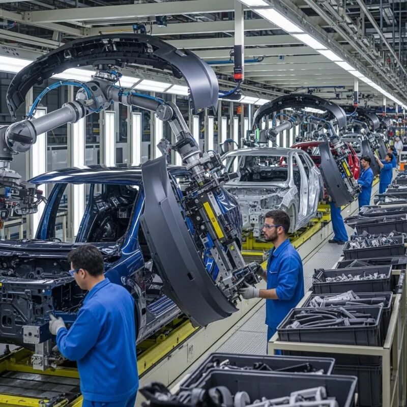 Modern automotive assembly line featuring plastic components integration