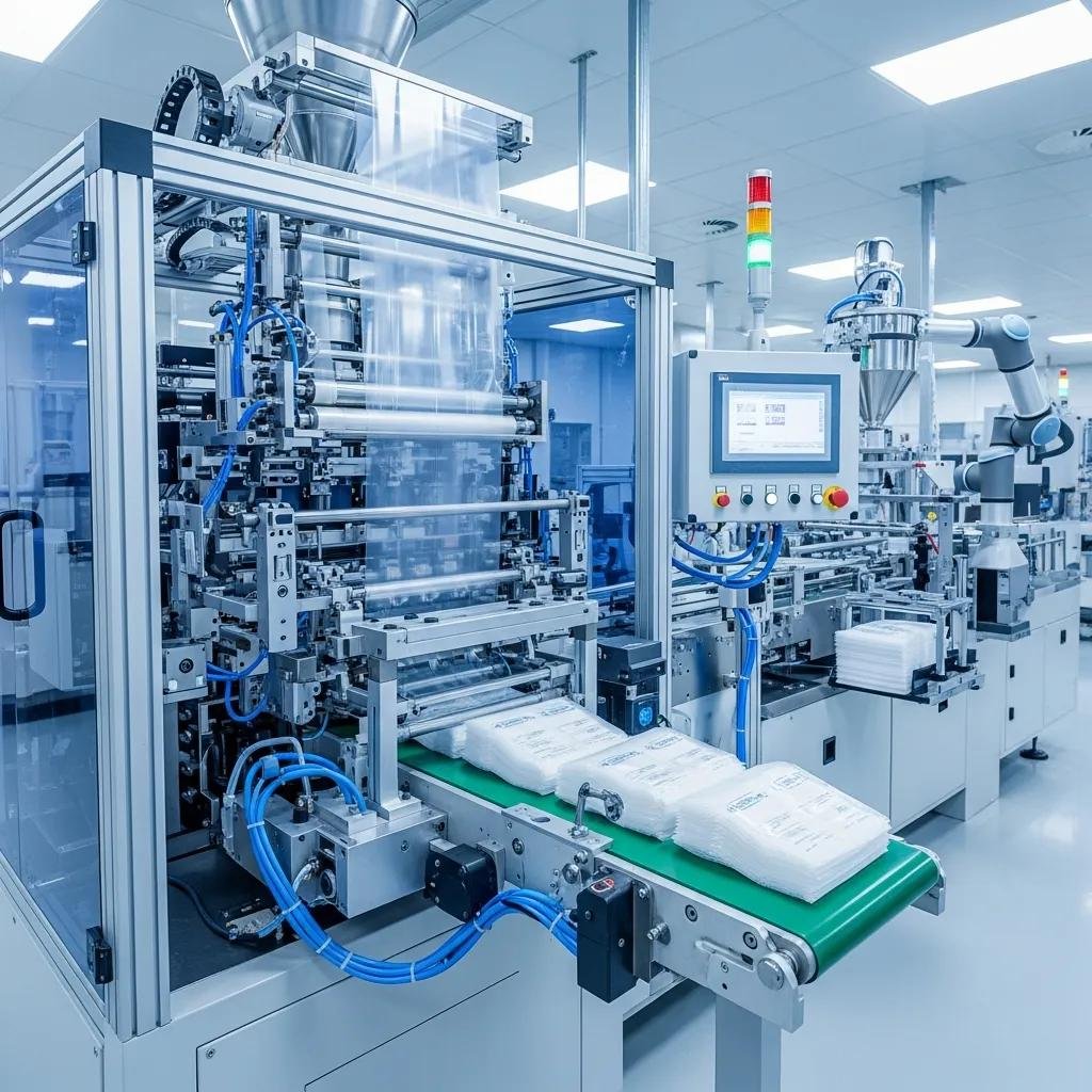 Modern plastic bag making machine producing sterile bags in a factory environment