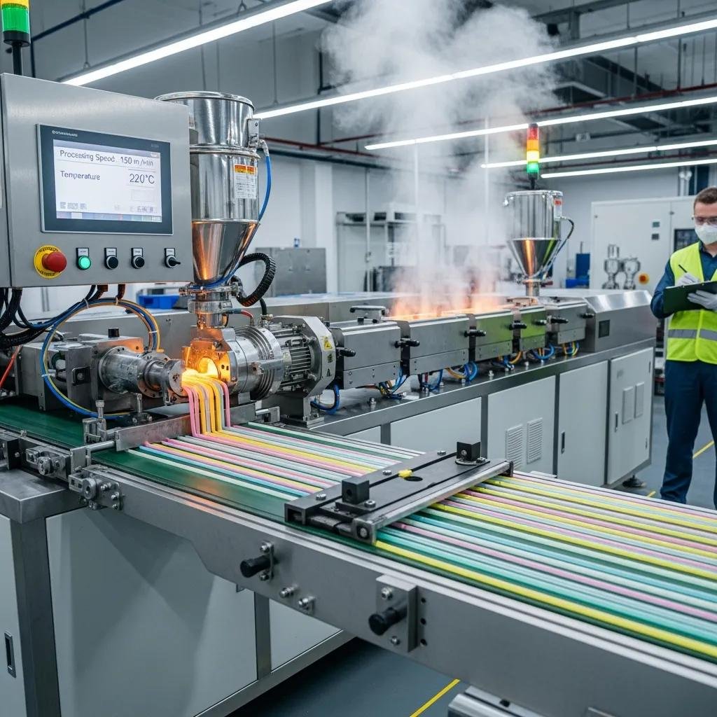 Modern plastic extrusion machine producing straws in a factory setting