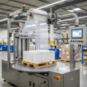 Modern stretch film machine in action, highlighting its components and operational efficiency