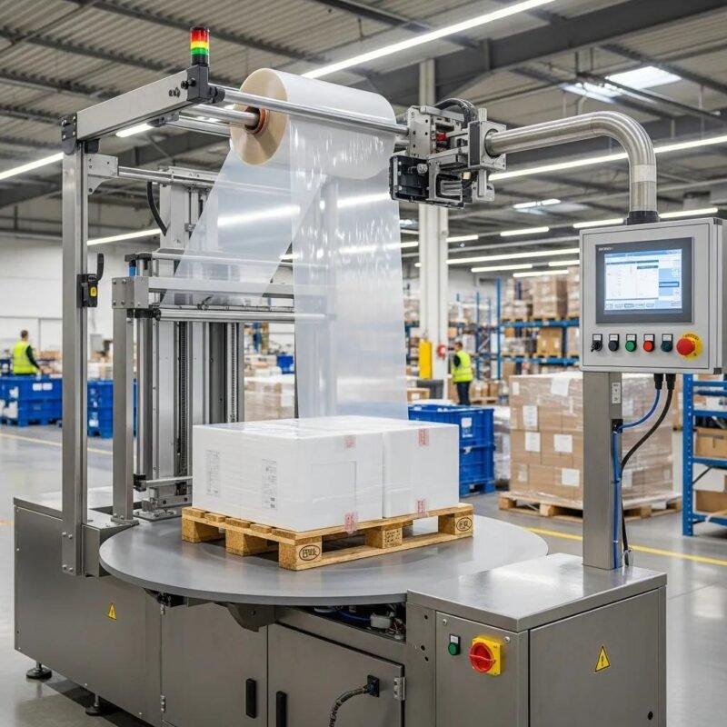 Modern stretch film machine in action, highlighting its components and operational efficiency