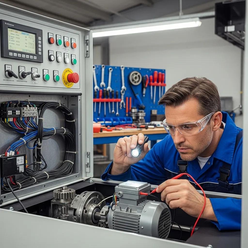 Technician diagnosing issues on a stretch film machine, emphasizing troubleshooting and maintenance
