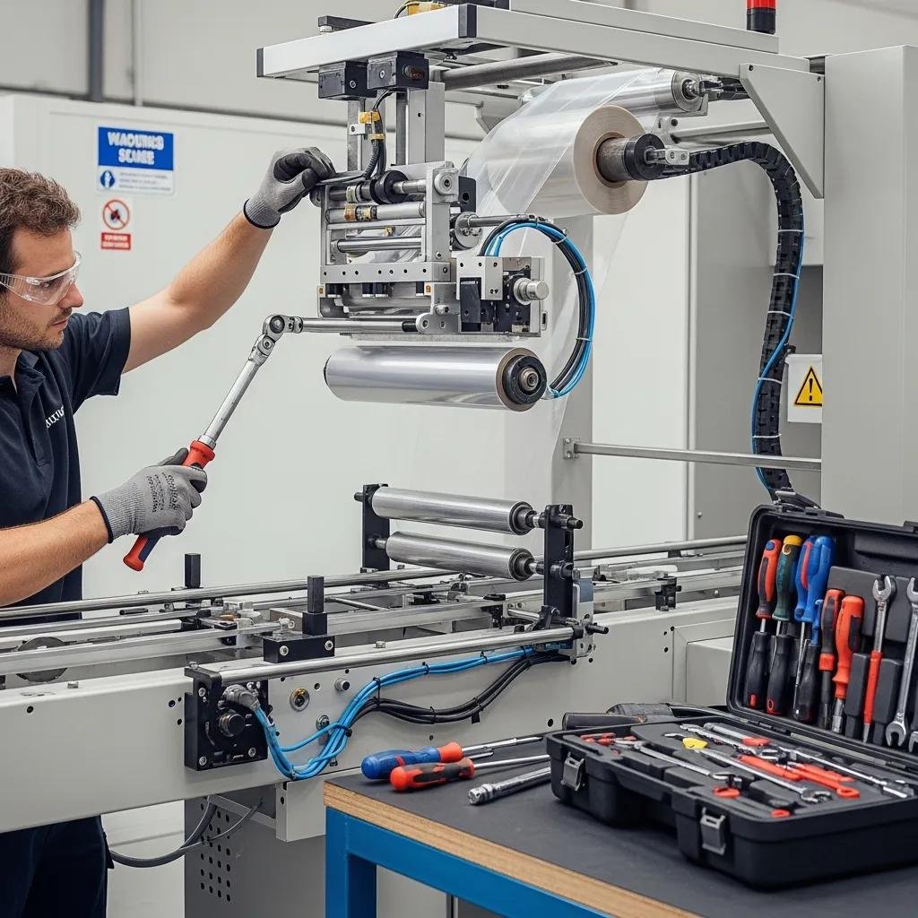 Technician performing routine maintenance on a stretch film machine, highlighting the importance of preventive care