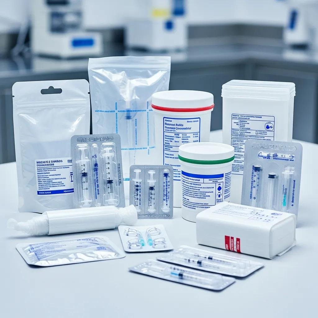Various types of medical plastic packaging emphasizing protective features in a clinical setting